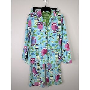 Nick & Nora Pajama Set Womens S Blue Owl Print Cotton Flannel Button Front 2pc